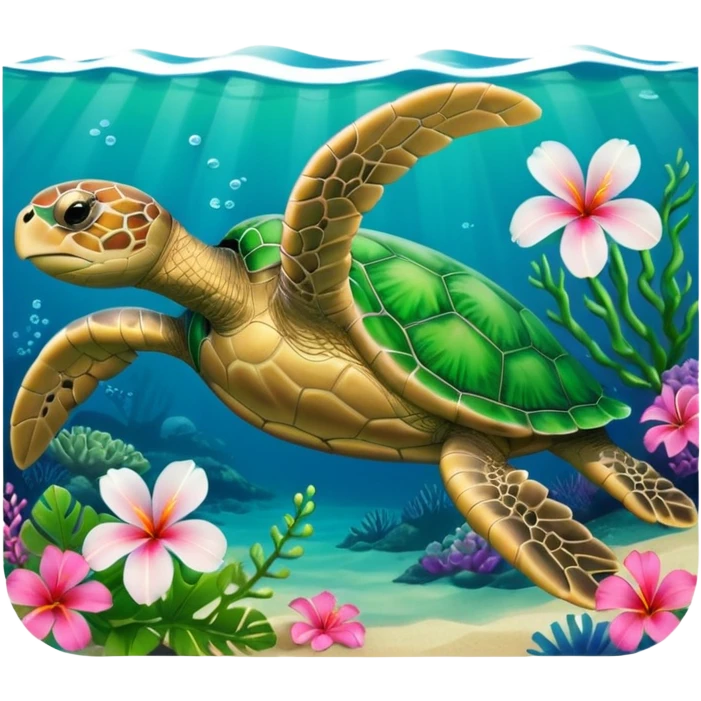 Sea turtle with Hawaiian flower emoji