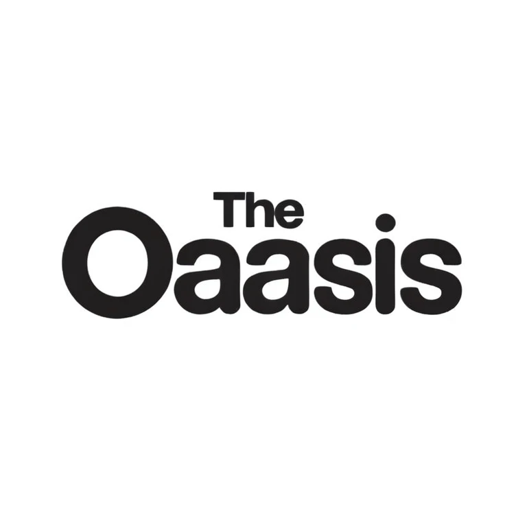 the original Oasis band logo, bold sans-serif lowercase letters, black and white, gray background emoji