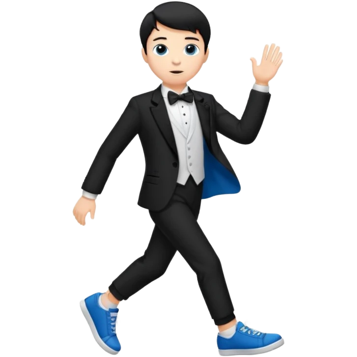 generate a pretty bratz fair skinned boy with short black hair wearing a black tux with blue sneakers emoji