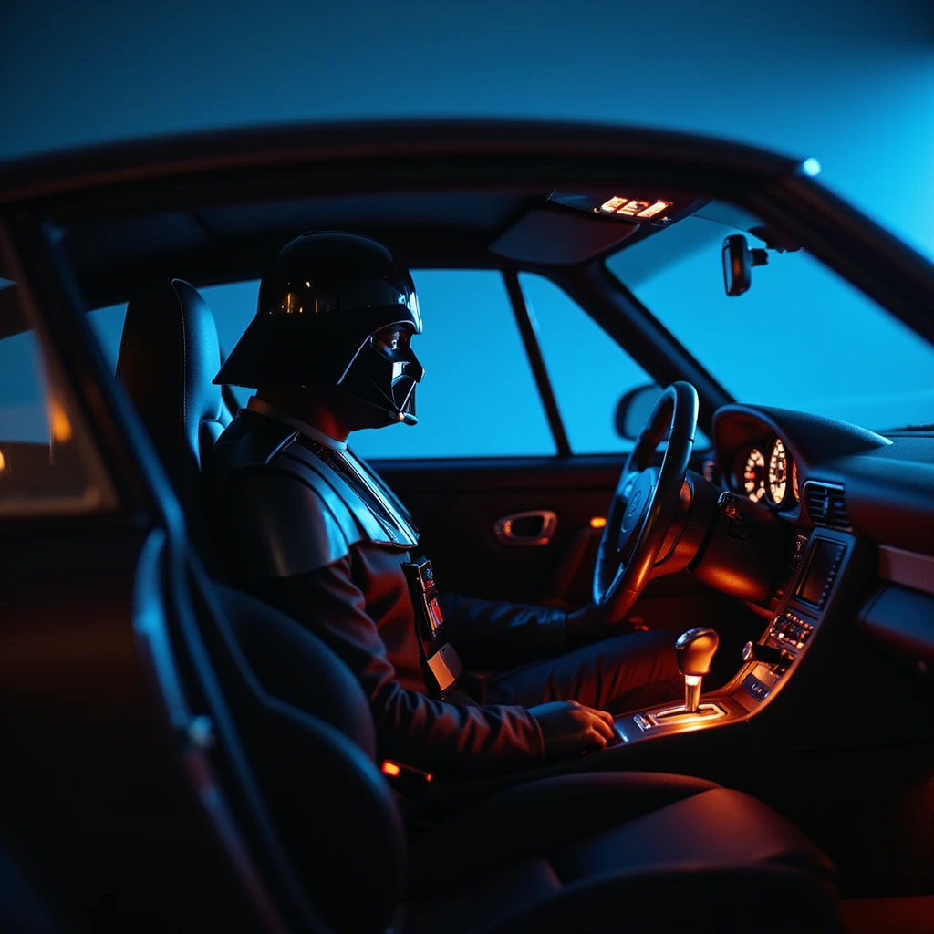 Cinematic shot of aDarth vader sitting in porsche 911, blue and orange lights  emoji