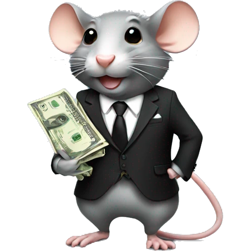 rat wearing a suit and a black tie with lots of money emoji