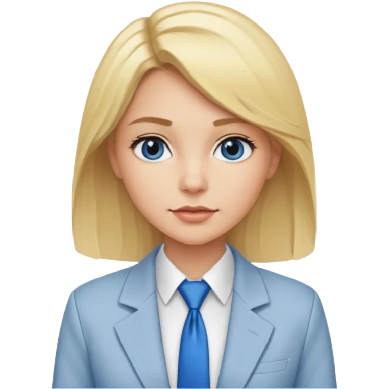 une femme blonde jolie avec des jolies traits avec une chemise blanche et une veste a manche longues et cravate bleu emoji