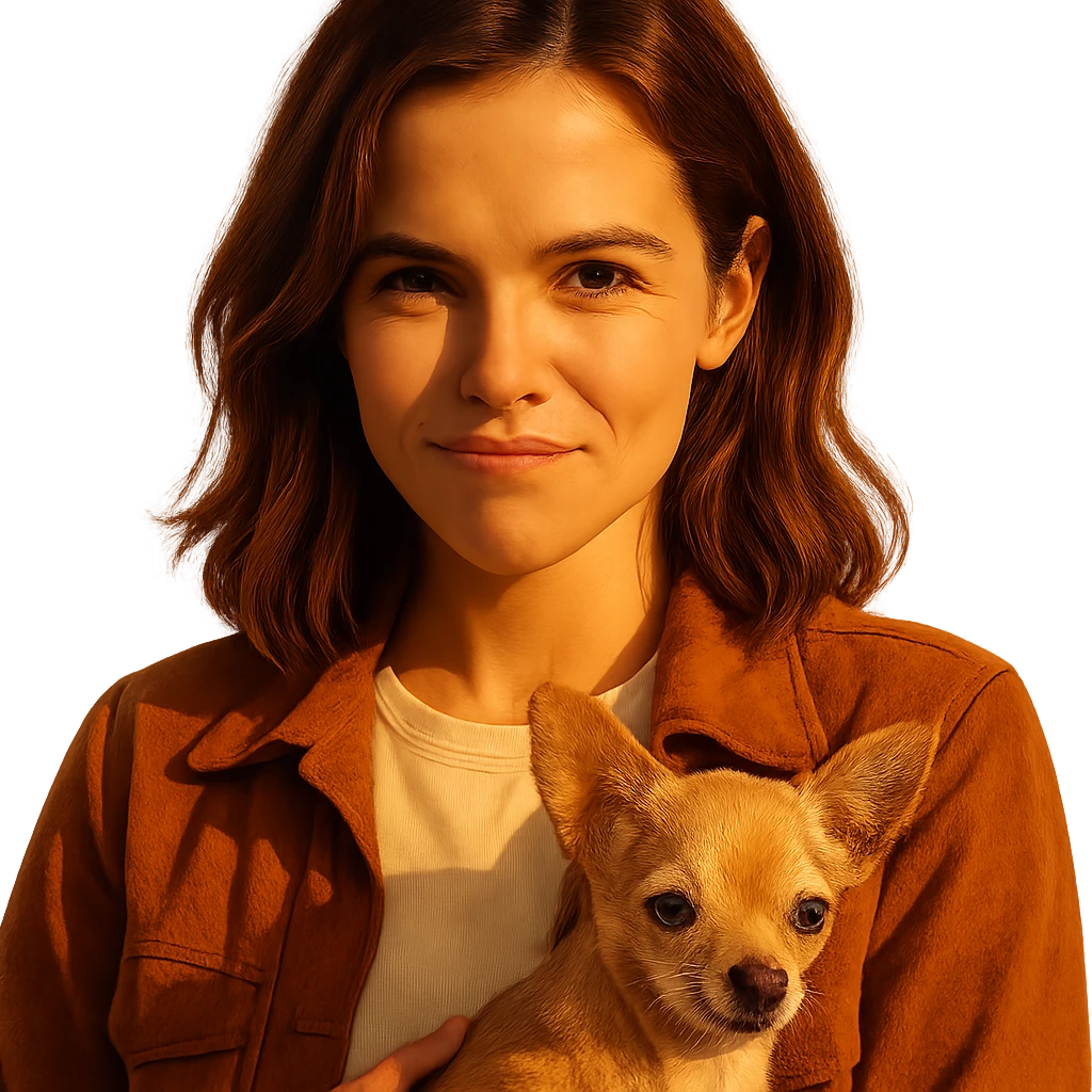 portrait centered of a woman inspired by Zoe Deutch's face, tanned skin, subtle freckles, playful and determined expression, medium-length brown hair with auburn highlights, wearing a shirt color #FFF8CA and a rust-colored jacket, holding a beige-brown chihuahua, golden hour lighting effect, transparent background, Netflix series style emoji