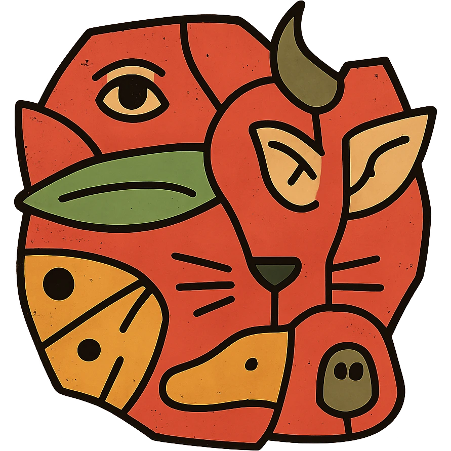 a red collage icon made of irregular cut-up pieces of different animal faces with visible line splits between them: one piece showing stoat eye, another showing minotaur skull horn, another showing frog mouth, another showing elf ear, another showing moth wing, another showing cat whiskers, another showing platypus bill, another showing capybara nose, arranged in an irregular overall shape, weathered and worn appearance emoji