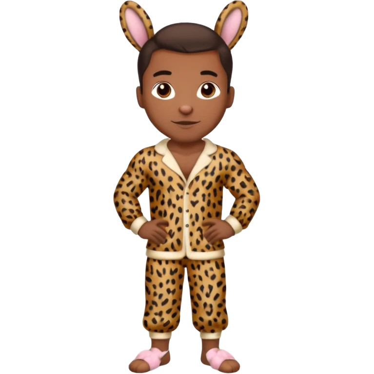 Handsome Black guy with brown skin tone, with muscular build, wearing loose fitting leapard print pajamas and bunny slippers  emoji
