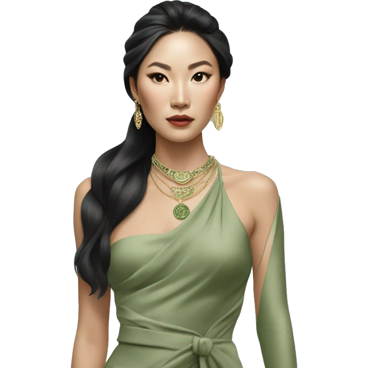 Aesthetic rich Asian woman in sage green Versace dress and Cartier jewelleries emoji