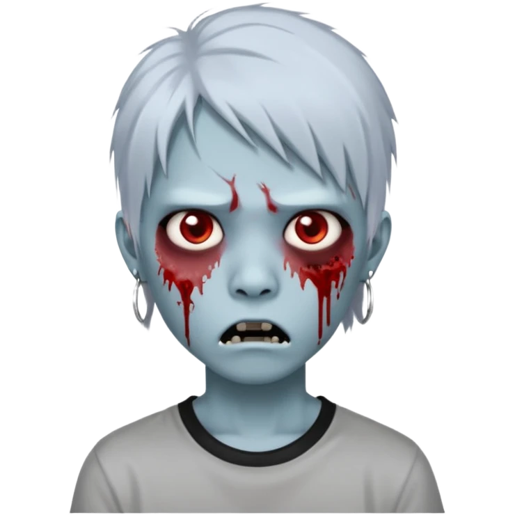 Create a 3D emoji-style avatar with very pale blue-grey zombie skin like the reference image, a young Asian face, and large eyes with blood tears. Give it white mullet-style hair, silver hoop earrings, and a plain black T-shirt. The face expression should be slightly angry emoji