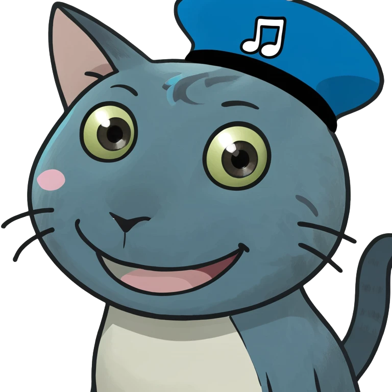 blue cat-like creature with a tail shaped like a music note and a mischievous grin emoji