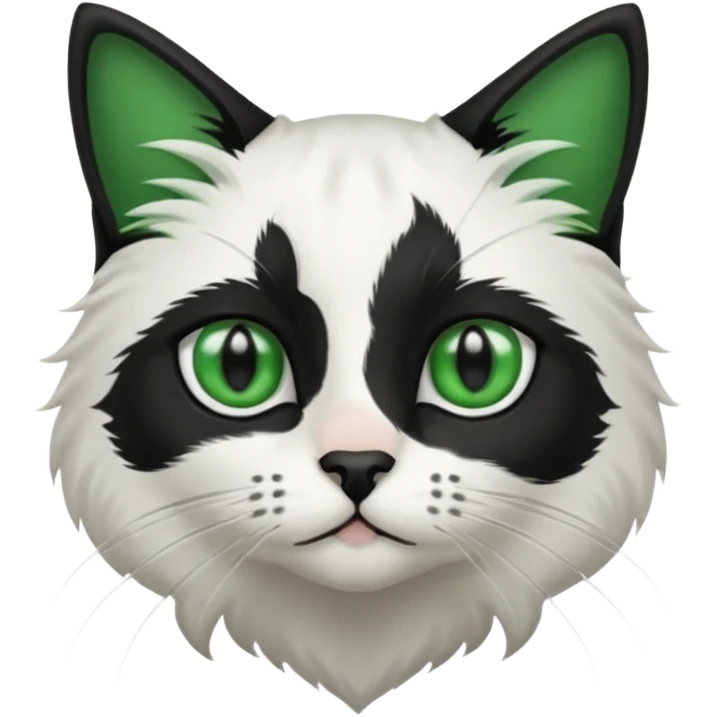 black and white long hair cat. green eyes. black nose. black splotch in the shape of a star near nose (on the right side). emoji