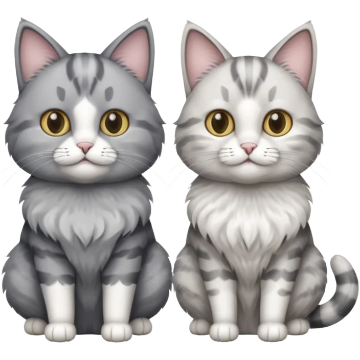 a very fluffy grey and white cat sitting next to another cat emoji