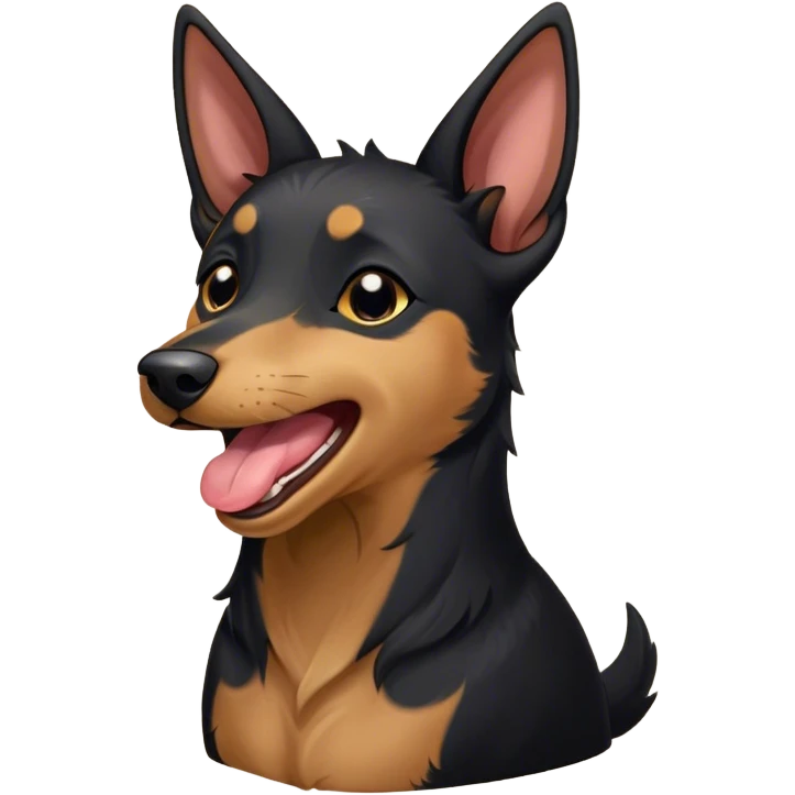 Cinematic Cute Yawning Black and Tan Kelpie Portrait Emoji, Head tilted slightly with a dramatic, wide-open yawn, showcasing a smooth black Fur with distinct tan accents, floppy ears slightly drooping, round dark eyes barely open in drowsy contentment, Simplified yet irresistibly adorable features, highly detailed, glowing with a soft, cozy glow, high shine, relaxed yet expressive, stylized with a touch of whimsy, bright and endearing, soft glowing outline, capturing the essence of a sleepy yet affectionate herder, so drowsy it feels like it could stretch out of the screen and curl up for a nap! emoji