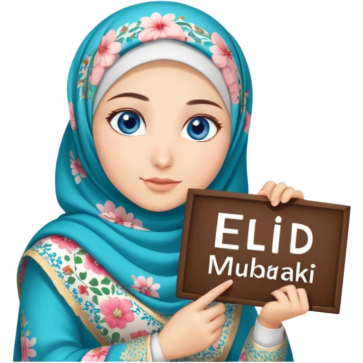 Turkish beautiful finish Konya girl blue eyes with floral hijab dress islamic dress and had on her hand text Eid Mubarak  emoji