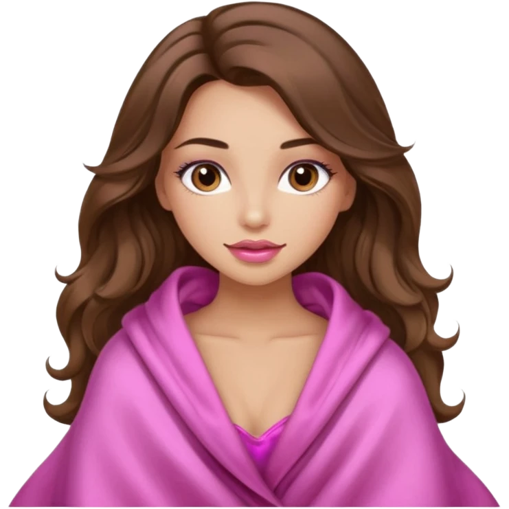 girl with long wavy brown hair, brown eyes, long lashes makeup, sexy pink lips, light to medium complexion, wearing a pink sexy silk top, big blanket over cozy  emoji