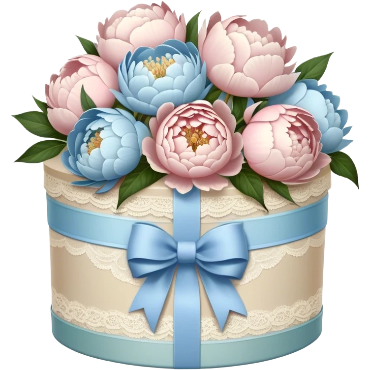 A vintage hatbox, wrapped in an ivory lace bow, holds a carefully arranged selection of blush-white and pale blue peonies, their petals unfurling like whispered secrets. A wide, pearl-adorned ribbon encircles the arrangement, its elegant bow tied with effortless grace. The edges of the ribbon flutter gently as a soft breeze drifts through the open window, carrying the delicate fragrance of fresh blooms into the air.

 emoji