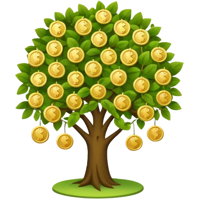 Apple-style money tree (not so mush coins), round soft green canopy.
No pot, no ground — only the tree.
Small gold coins as fruits inside the leaves (not below).
Flat 2D vector, clean shapes, no gradients.
Dark near-black background, premium fintech icon. emoji