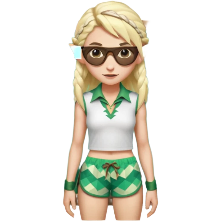 elf female legolas portrait, patterned board shorts (geometric/abstract), unique wooden-framed sunglasses, undercut hairstyle, slight smirk, visible pointy ears, no background, centered emoji, hipster summer vibe coctails  emoji