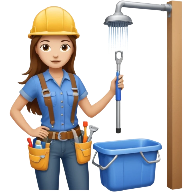 beautiful girl with long brown hair constructing new bathroom area with new shower and amenities  emoji