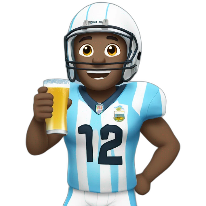 man in argentina football uniform standing up cheering and drinking mate emoji