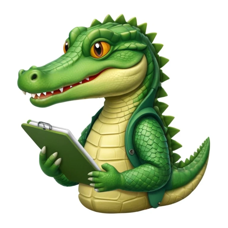 A 1980s style image of a gator with a clipboard and a pencil, offwhite background emoji