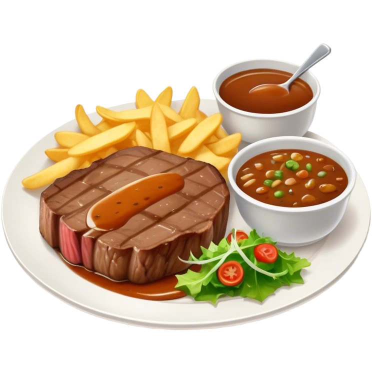 big juicy australian steak meal featuring chips, small salad in a ramikan and gravy in a small bowl on the plate emoji