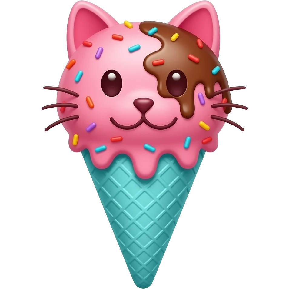 Pink cat shaped ice cream scoop with sprinkles and  red licorice  and candies with chocolate sauce in a cyan waffle ice cream cone emoji