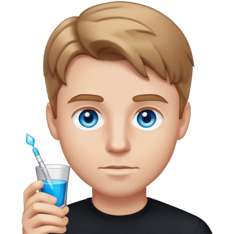 white man light brown hair blue eyes wearing black holding shot emoji