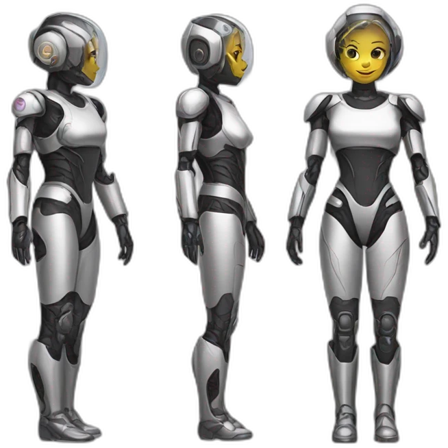 Create an full body emoji of a futuristic half-human and half-robot pin-up emoji