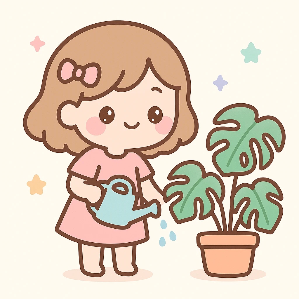 woman watering her monstera plant emoji