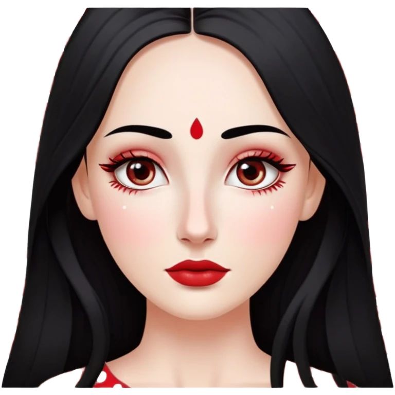 White girl with long oval shaped face, large almond shaped eyes with long eyelashes, long straight black hair falling in front of her bare shoulders, face closeup, with detailed pattern of red and white gopi dots in decorative arrangement above eyebrows emoji