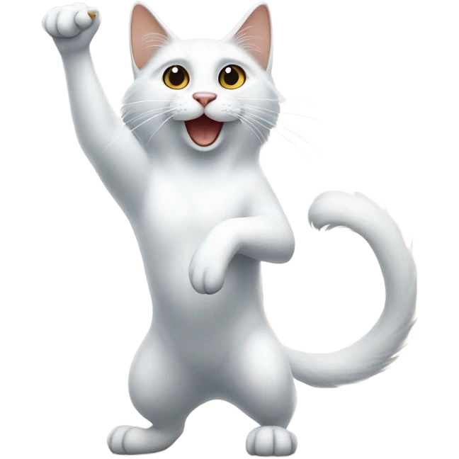 Long haired White cat with black and brown spots standing on hind legs flipping me off with both front paws  emoji