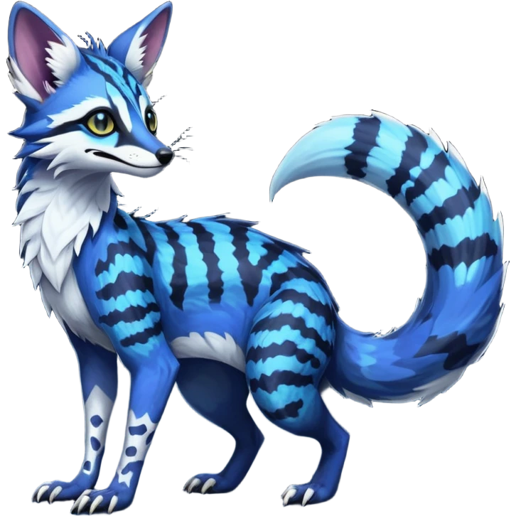 Feral Rare Fantasy scaly evil spooky vibrant dark shady shaded detailed deep-dark-cobalt-blue-gradients-colored colorful Vernid-Sergal-Genet-Trico-Fox-species by LiLaiRa, with dark-blackish points, white belly, random markings, tufted tail, tufted ears, full body emoji