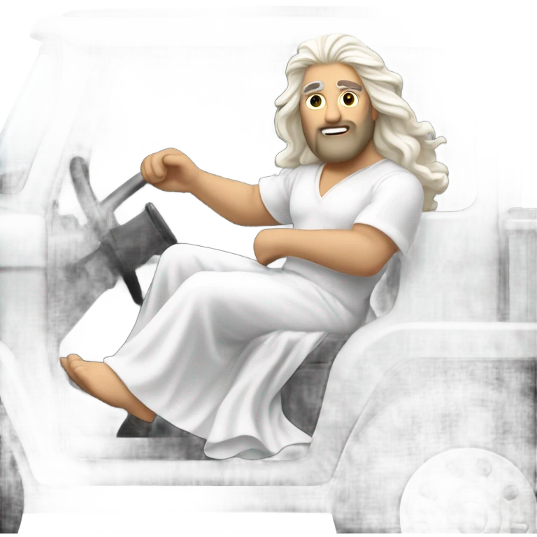 white man Poseidon driving truck. long white hair white dress emoji