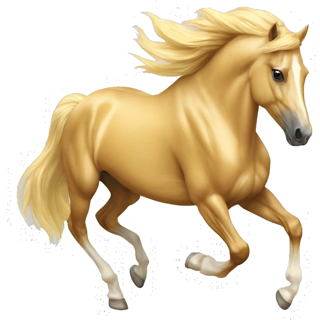 Yellow palomino horse with long flowing mane galloping with prosthetic leg, slender horse, solid yellow horse, running, yellow horse galloping with prosthetic leg, pretty horse emoji
