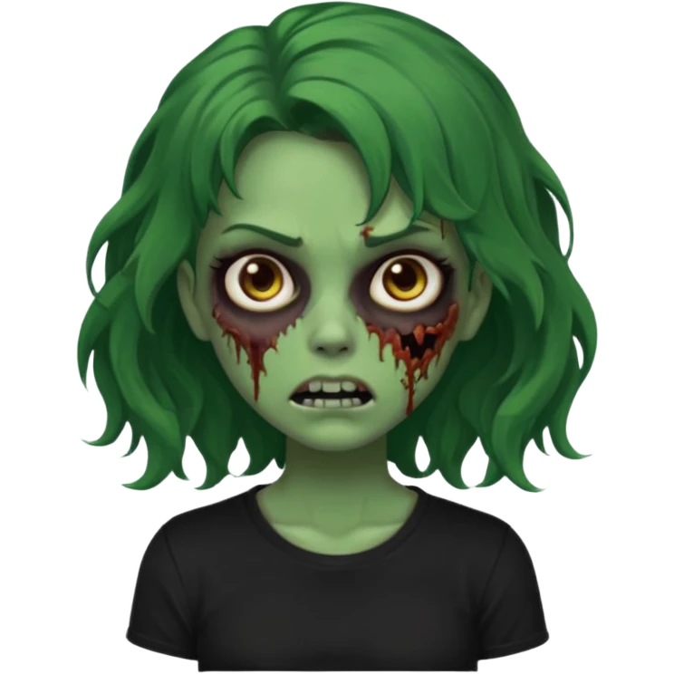 crie um emoji de uma garota zoombie pele verde e cabelo castanho, assustadora e fofa com cabelo ondulado 2b e camiseta básica preta emoji