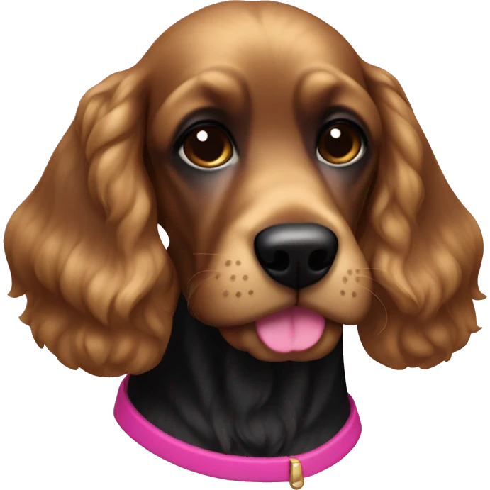 A black 2nd generation cocker with straight hair and a pink collar  emoji
