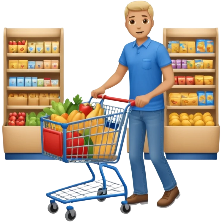 full body of a man pushing a shopping cart inside a supermarket emoji