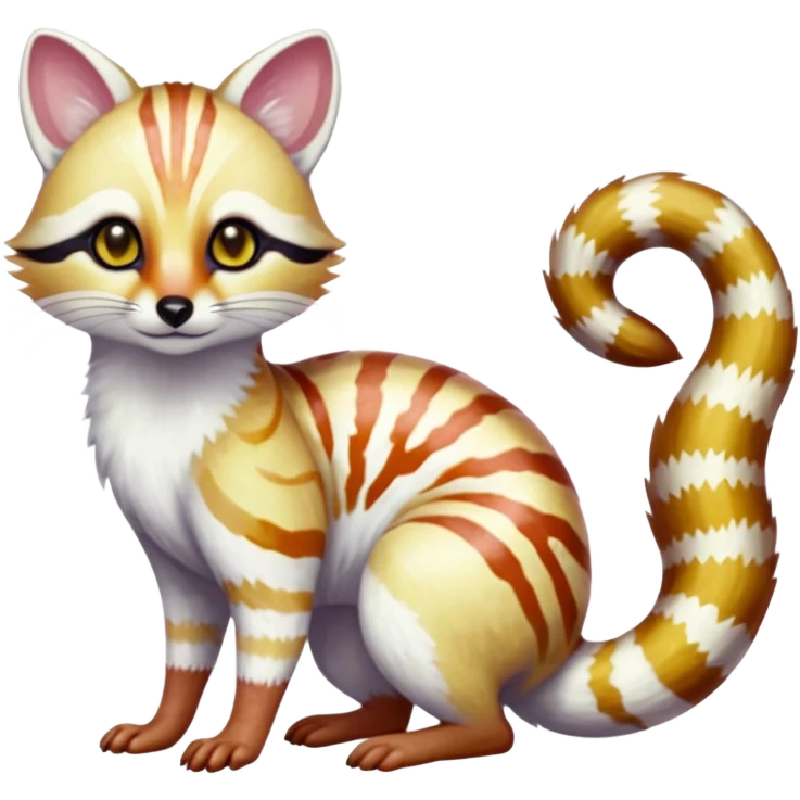 Iridescent white albino colorful fruity blingy crystalline Genet-Numbat-Ocelot-Tanuki-Ocicat-hybrid-fusion, full body emoji