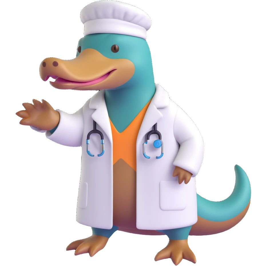 platypus wearing a white lab coat, simple, clear emoji