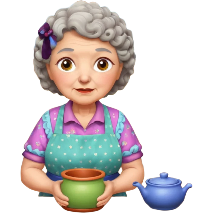 cartoon Apple iOS emoji style rural elderly woman, chubby face, short gray curly hair, flowery blouse, colorful apron, big expressive eyes, pastel colors, Chilean wooden kitchen background, clay pots, warm light, detailed and clean vector art emoji