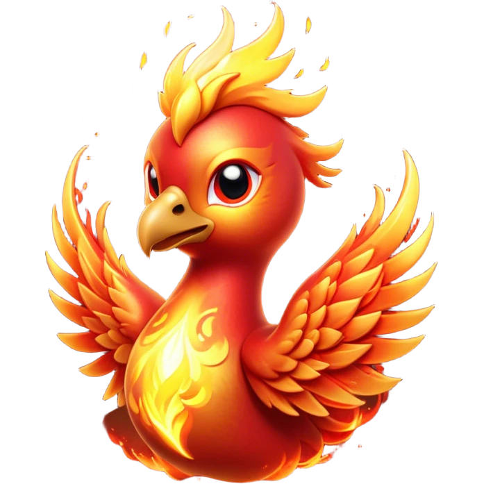 Cinematic Cute Mystical Fire Phoenix Portrait Emoji, Head tilted playfully and inquisitively, showcasing a vibrant, flame-kissed form with intricately detailed feathers in warm shades of red, orange, and shimmering gold, accented by delicate sparks and a gentle, inviting glow; rendered with lifelike detail and soft, radiant light, high shine, enchanting and spirited, styled with a touch of mythic whimsy, soft glowing outline, capturing the essence of a mischievous yet endearing phoenix poised to flutter playfully into your heart! emoji