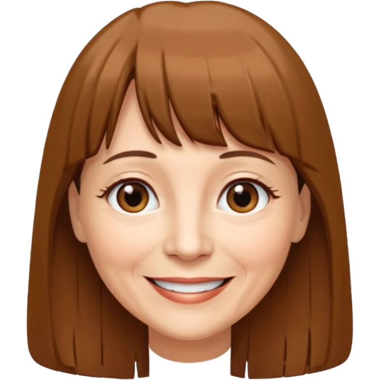60 yr old woman, very small brown eyes, long straight brown hair, bangs,  emoji