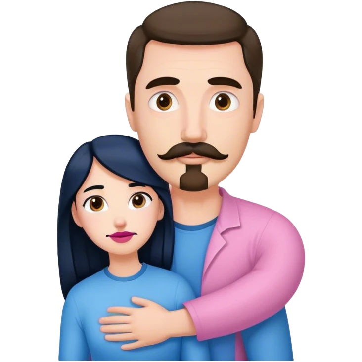 Tall white man with brown mustache goatee wearing blue hugged by a short pale woman with long black hair wearing pink emoji