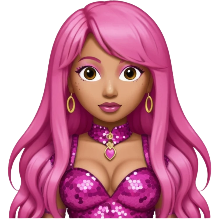 Nicki Minaj with long pink hair, dark pink sequin outfit  emoji