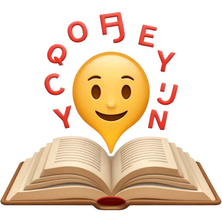 A minimalist emoji-style icon representing wordplay — symbolizing creativity with language. It features an open book or speech bubble merging with playful letters or word fragments, forming a clever visual pun. emoji