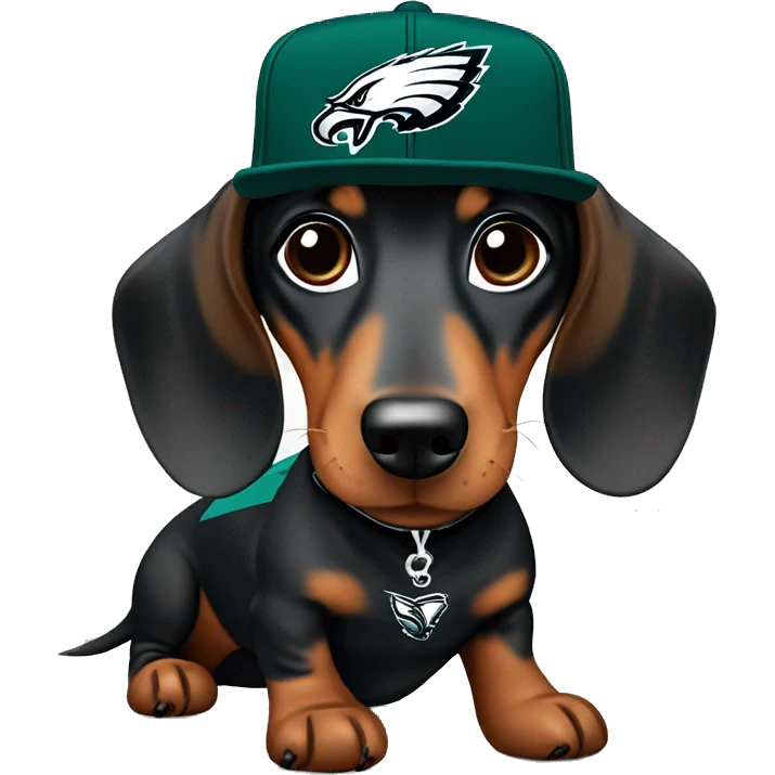 Miniature Dapple Dachshund wearing Philadelphia Eagles Hat with C on Jersey emoji