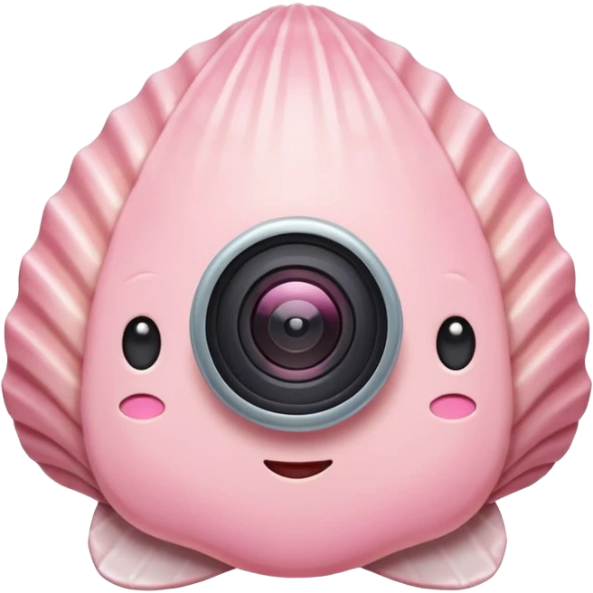 A cute seashell emoji with a tiny camera next to it, symbolizing capturing beach memories. Playful, modern emoji style, soft pastel colors, white background. emoji