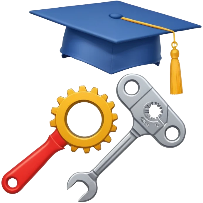 A flat-style illustration of a gear, wrench, and graduation cap arranged together to represent trade school education. Minimal, cartoon style, white background, iOS emoji aesthetic. emoji