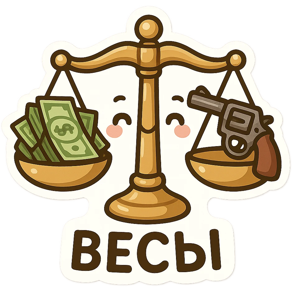 Весы, на одно чаше куча пачек долларов, на другой револьвер emoji