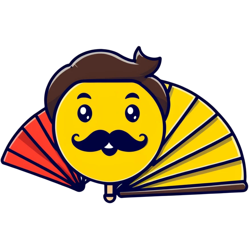 Colorful paper fan with smiling face and curly mustache emoji