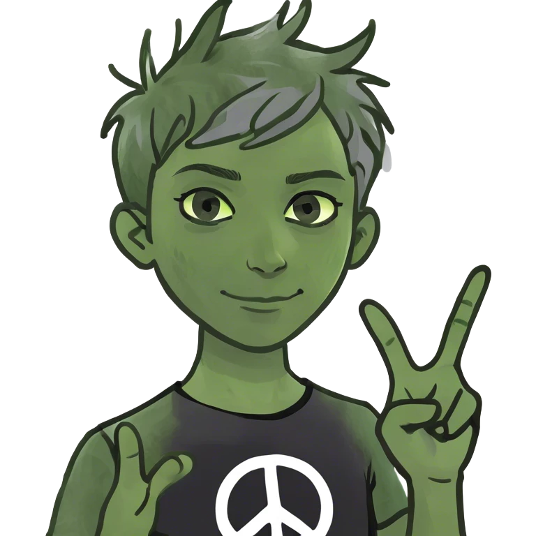 pixie shag hair black with streaks of gray, dark T-shirt with a peace sign. no hands  emoji